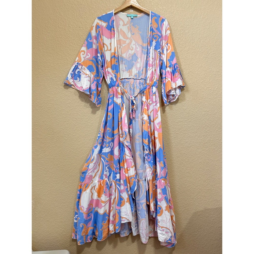 Melissa Odabash S Paisley Maxi Dress Blue Pink Orange Boho Resort Ruffle Coverup